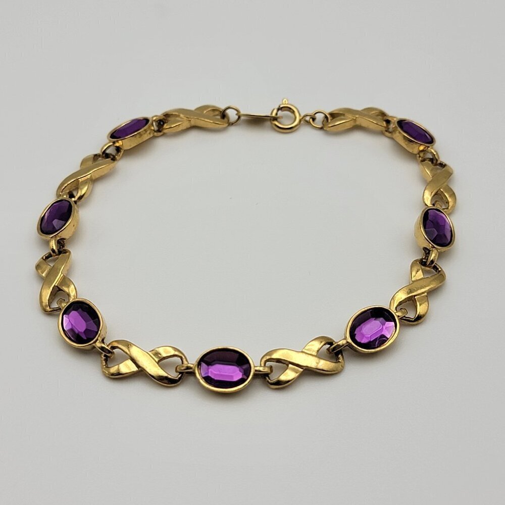 Vintage AVON Purple Rhinestone Infinity Bracelet 8 Inch Spring Ring Clasp
